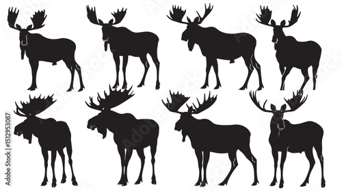 Moose Silhouette Vectors , black silhouettes isolated on white background
