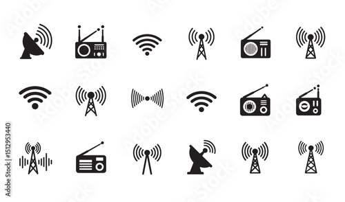 Collection of radio signal icons and broadcasting transmission illustrations in silhouette
