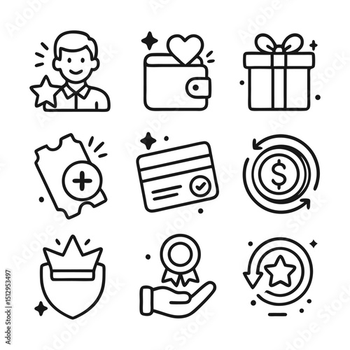 Nine loyalty program icons for digital or print use, featuring points, rewards, discounts, membership cards, and more. Perfect for marketing materials.