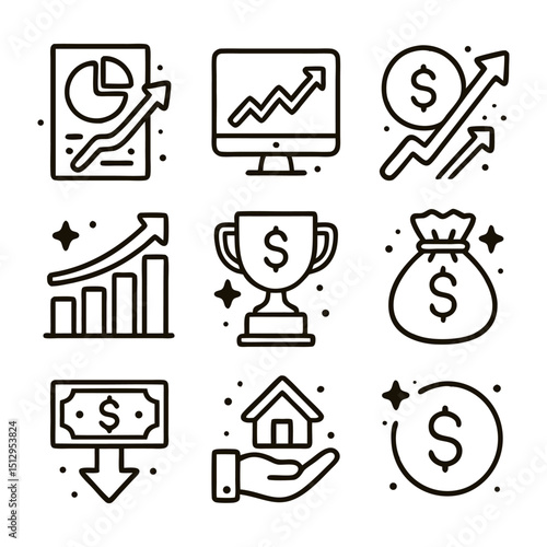 Contains nine black and white icons showing financial success. Suitable for websites, presentations, and marketing materials related to business and finance.
