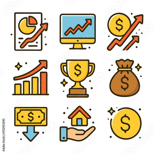 Nine colorful icons depicting financial growth. Suitable for presentations, reports, websites, and social media graphics related to finance and investments.