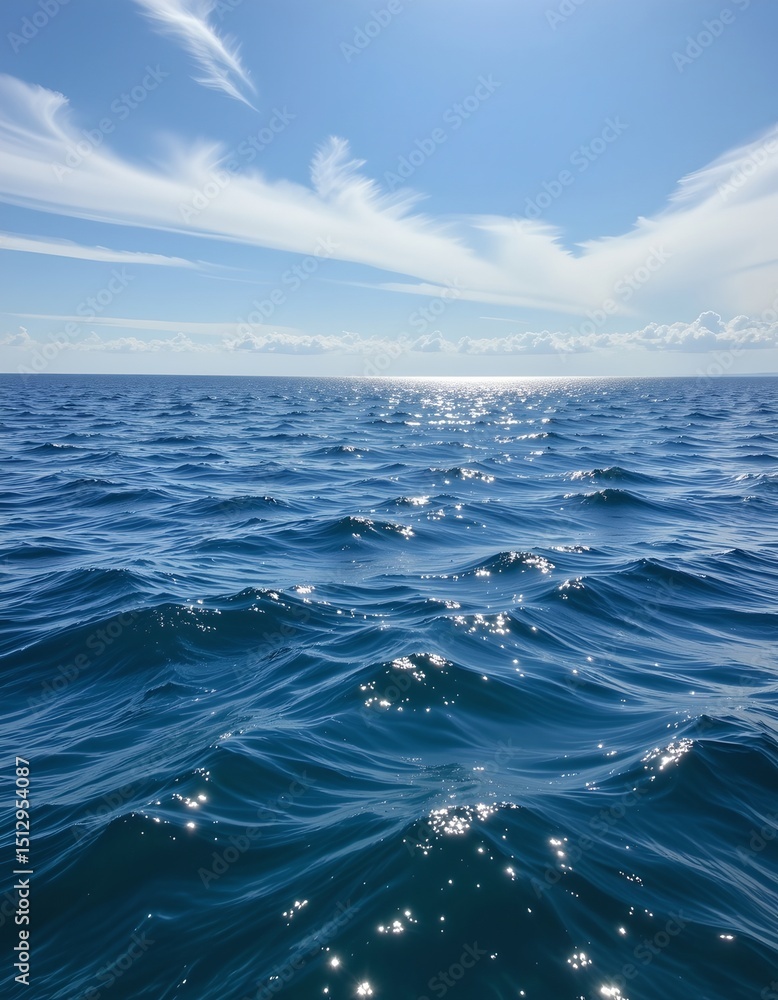 Fototapeta premium photorealistic seascape with calm blue waters reflecting a bright sky and wispy clouds.