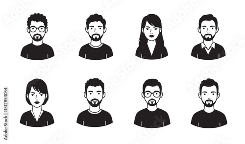 Collection of vector silhouette portraits of diverse people male and female illustrations