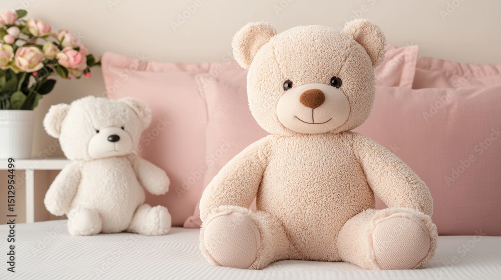 Two teddy bears sitting on a bed in a cozy pink nursery, creating a warm and inviting atmosphere Two teddy bears sitting on a bed in a cozy pink nursery, creating a warm and inviting atmosphere