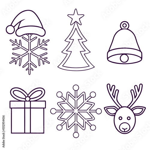 Christmas holiday line icon collection with tree, gift, snowflake and reindeer face