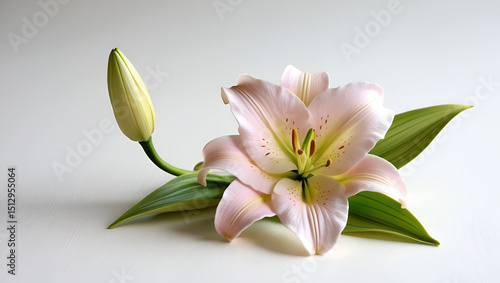 Fresh lily flower and its bud resting on a white background, showcasing natural beauty