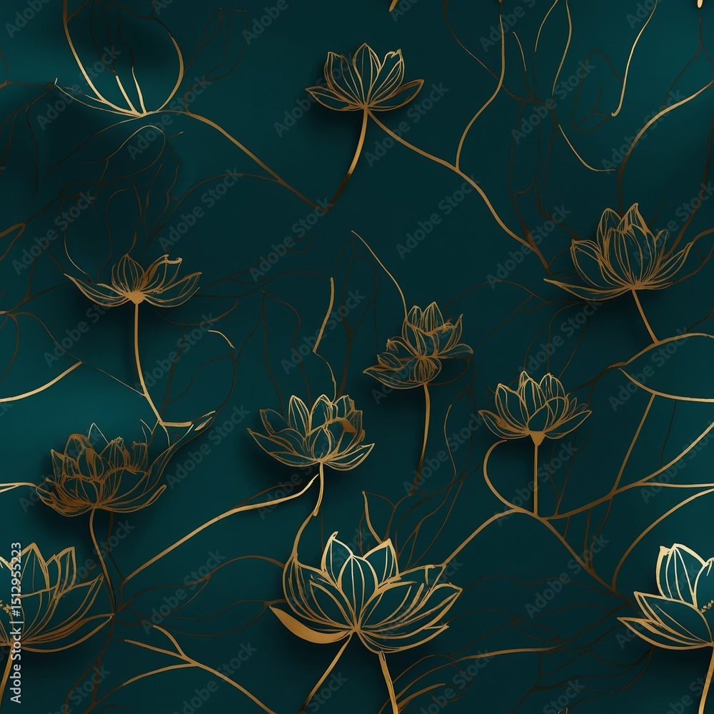 Golden Lotus Art Deco Pattern: Seamless Vector, Teal Background, Luxurious Golden Lotus Art Deco Pattern: Seamless Vector, Teal Background, Luxurious