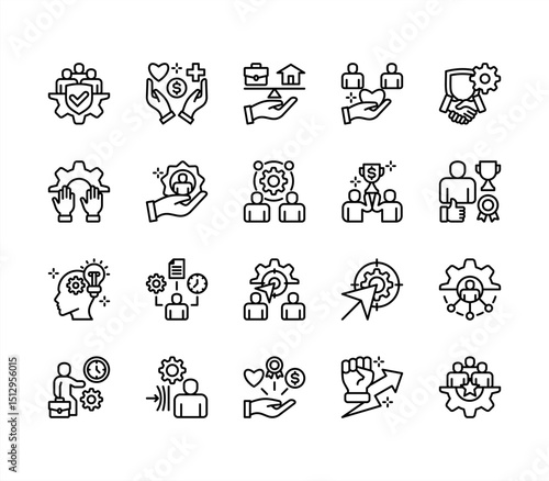 Employee engagement icon collection set. Containing workload, motivation, expectation, goal, recognition, appreciation, inclusion icon. Simple line vector.