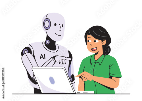 A curious woman engaging with an AI robot as they explore a laptop together in a friendly and collaborative setting.