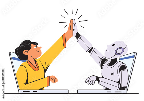 A young person and an AI robot joyfully sharing a high five through their respective laptops, symbolizing virtual collaboration and connection.