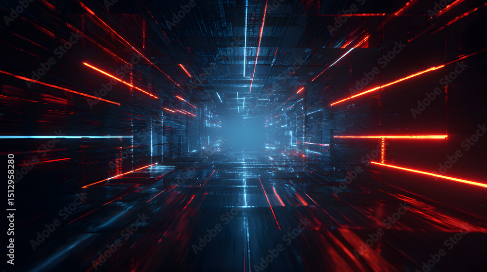 Obraz premium High-speed journey through a futuristic digital tunnel with glowing red and blue neon lights and a motion blur effect