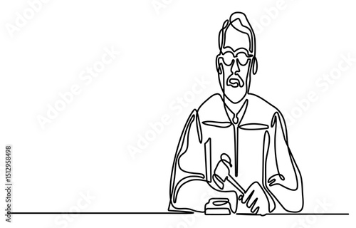 Professional lawyer with gavel in one line drawing. Law and justice concept. Minimalist vector art. continuous single line drawing of a judge with a gavel and a pedestal,