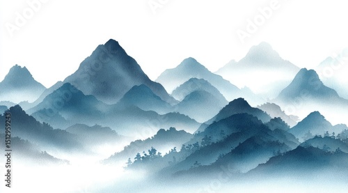 Wallpaper Mural Misty, blue-hued mountain range rendered in a painterly style, with varying peak heights and a low-lying fog obscuring the base Torontodigital.ca