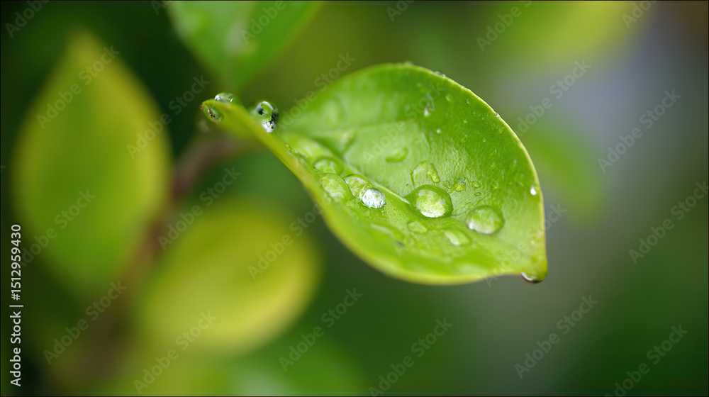 Fototapeta premium Fresh green leaf with glistening water droplets, a symbol of nature's delicate beauty