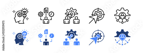 Employee engagement icon set with Inspiration, Time Management, Purpose, Goal, Job Enrichment.