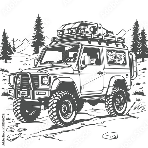 Adventure vehicle detailed concept black and white vector illustration logo graphic.