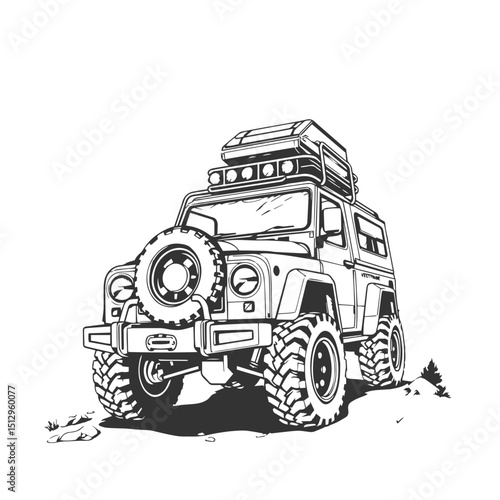 Adventure vehicle detailed concept black and white vector illustration logo graphic.