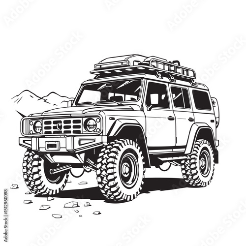 Adventure vehicle detailed concept black and white vector illustration logo graphic.