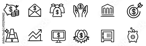  Money or financial vector icon set. Dollar coin, money stack, wallet, banknote finance symbols. vector