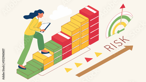 Risk management concept. Risk assessment level indicator rating, low to high on wooden block, white background. Business risk assess measurement. Wood arrow point on green, yellow, red color. 

