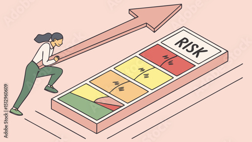 Risk management concept. Risk assessment level indicator rating, low to high on wooden block, pink background. Business risk assess measurement. Wood arrow point on green, yellow, red color. Top view

