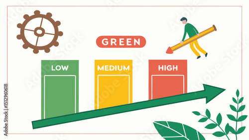 Risk management concept. Risk assessment level indicator rating, low to high on wooden block, white background. Business risk assess measurement. Wood arrow point on green, yellow, red color. 
