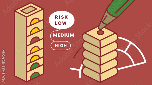Risk management concept. Risk assessment level indicator rating, low to high on wooden block, red background. Business risk assess measurement. Wood arrow point on green, yellow, red color. Top view
