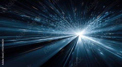 Abstract digital artwork depicting a bright, white light at the end of a dark, fast-moving, blue tunnel, radiating energy and speed