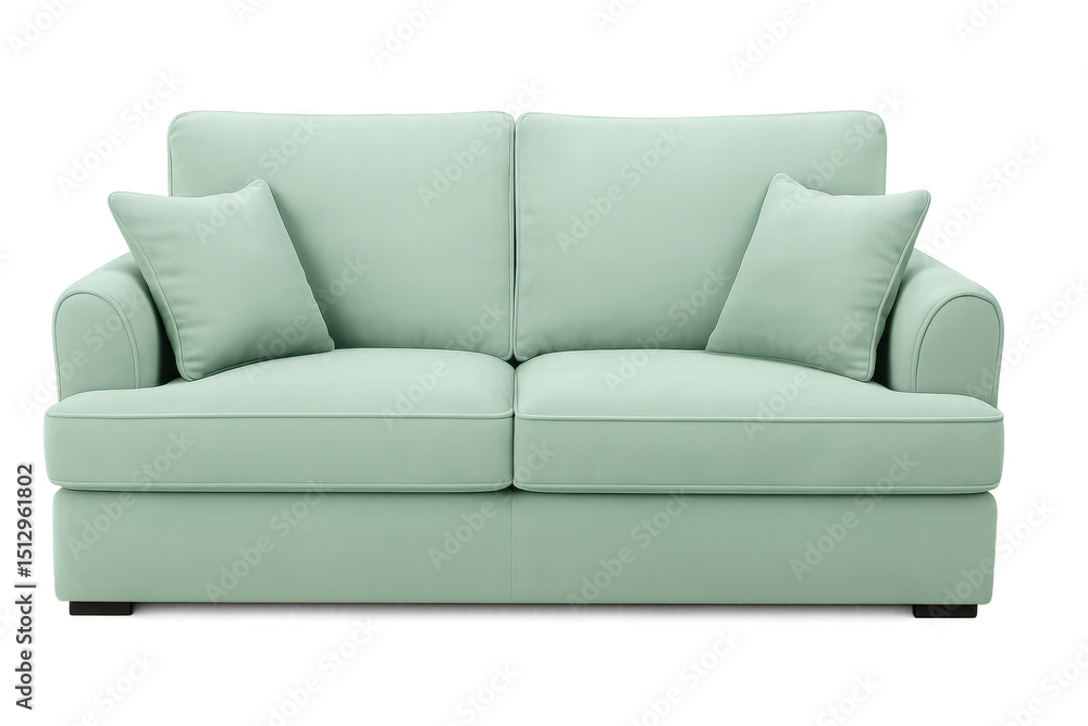 Fototapeta premium Comfortable light green sofa with two cushions isolated on transparent background, perfect for interior design projects