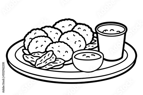 Drawing of a plate with nuggets and dipping sauce  vector, silhouette, illustration, horizontal, isolated assets, on transparent background
