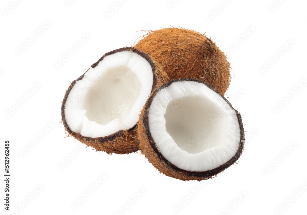 Fresh halved coconuts isolated on black background tropical fruit Fresh halved coconuts isolated on black background tropical fruit