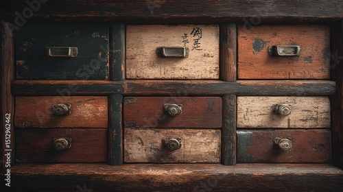 Close-up of antique wooden drawers with various colors and textures, ideal for vintage themes.