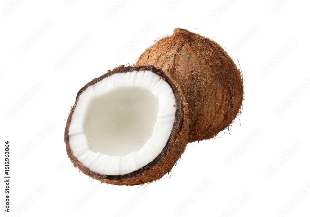 Fresh halved coconut and whole coconut isolated on black background Fresh halved coconut and whole coconut isolated on black background