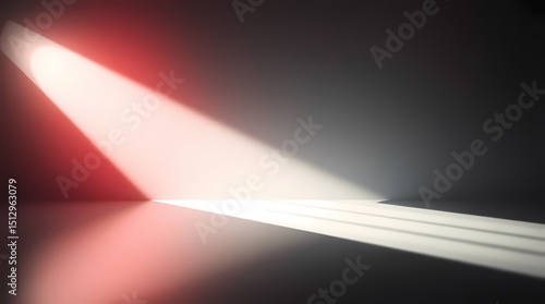 A single, bright, white spotlight shines down into a dark, empty room, casting a long, thin shadow across the floor. The light is slightly reddish, suggesting a warm, inviting space