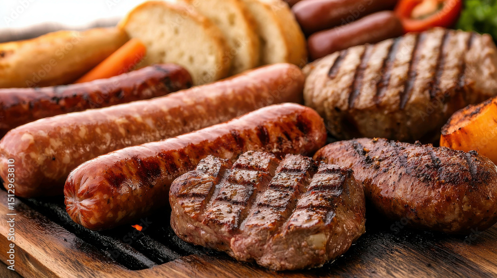 Grilled Meats Arrangement with Sausages, Burgers, Bread, and Vegetables on Wooden Platter for Summer Barbecue or Outdoor Cooking Event Grilled Meats Arrangement with Sausages, Burgers, Bread, and Vegetables on Wooden Platter for Summer Barbecue or Outdoor Cooking Event
