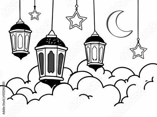 Elegant Ramadan Lanterns and Stars Hanging in the Clouds A Festive Illustration
