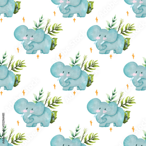 Photography Seamless Baby Elephant with Jungle Foliage Pattern, Charming seamless pattern with blue baby elephants and leafy greens in a hand-painted watercolor style