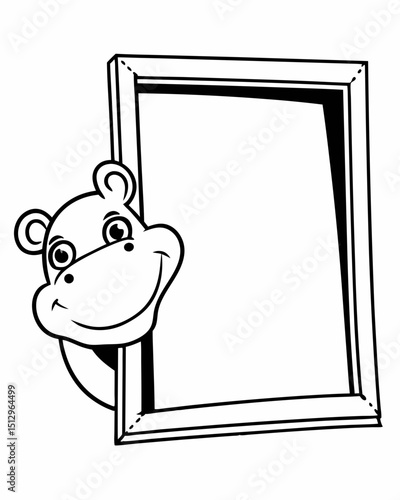 Adorable Hippo Peek-a-Boo in a Simple Black and White Frame Illustration