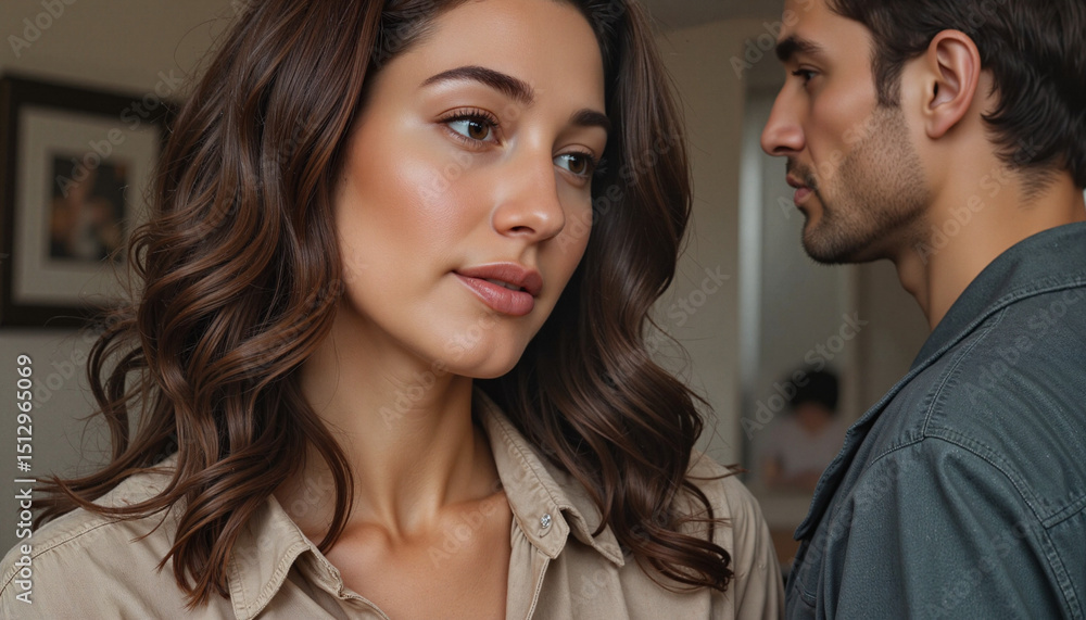 Fototapeta premium Young woman and man standing in a room with soft lighting 