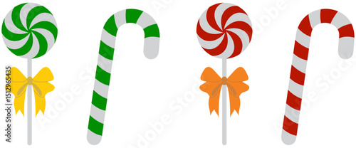 Vector Flat Style Candy Canes Set Tied up by Ribbon Bow. Christmas and New Year Sugar Canes with red satin ribbon. Christmas decoration. Isolated on transparent background. Tied up Candy Canes Set