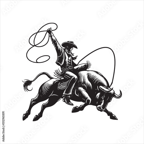 Bull Rodeo Showdown – Cowboy Riding a Bucking Bull in Action

