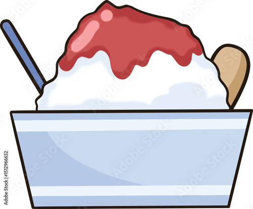 Shaved ice topped with red sauce in a cup and a spoon.