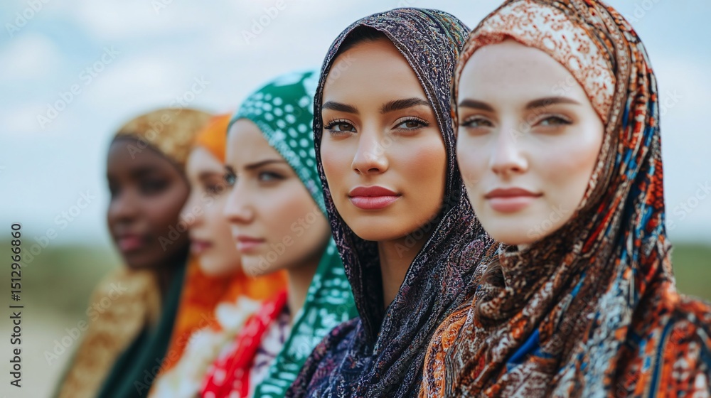 Fototapeta premium Diverse beauty: A row of women in colorful hijabs standing together