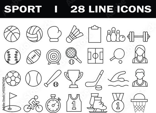 Collection of sports icons. Game attributes. Different types of games icons like soccer, basketball, swimming, golf, weightlifting, volleyball etc.