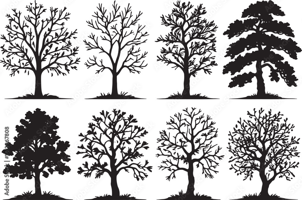 Obraz premium Tree Silhouette Vector Set for Nature DesignsForest and Tree Shape Collection in Black Vector