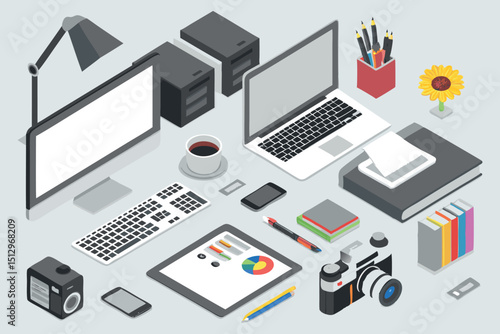Technology workspace infographic in flat 3D isometric style featuring tablet, phone, laptop, camera, desktop, printer, and peripheral devices.