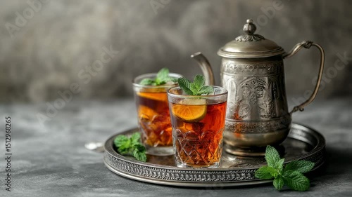 Elegant Arabic Tea Set: Antique Silver Teapot with Refreshing Mint and Citrus