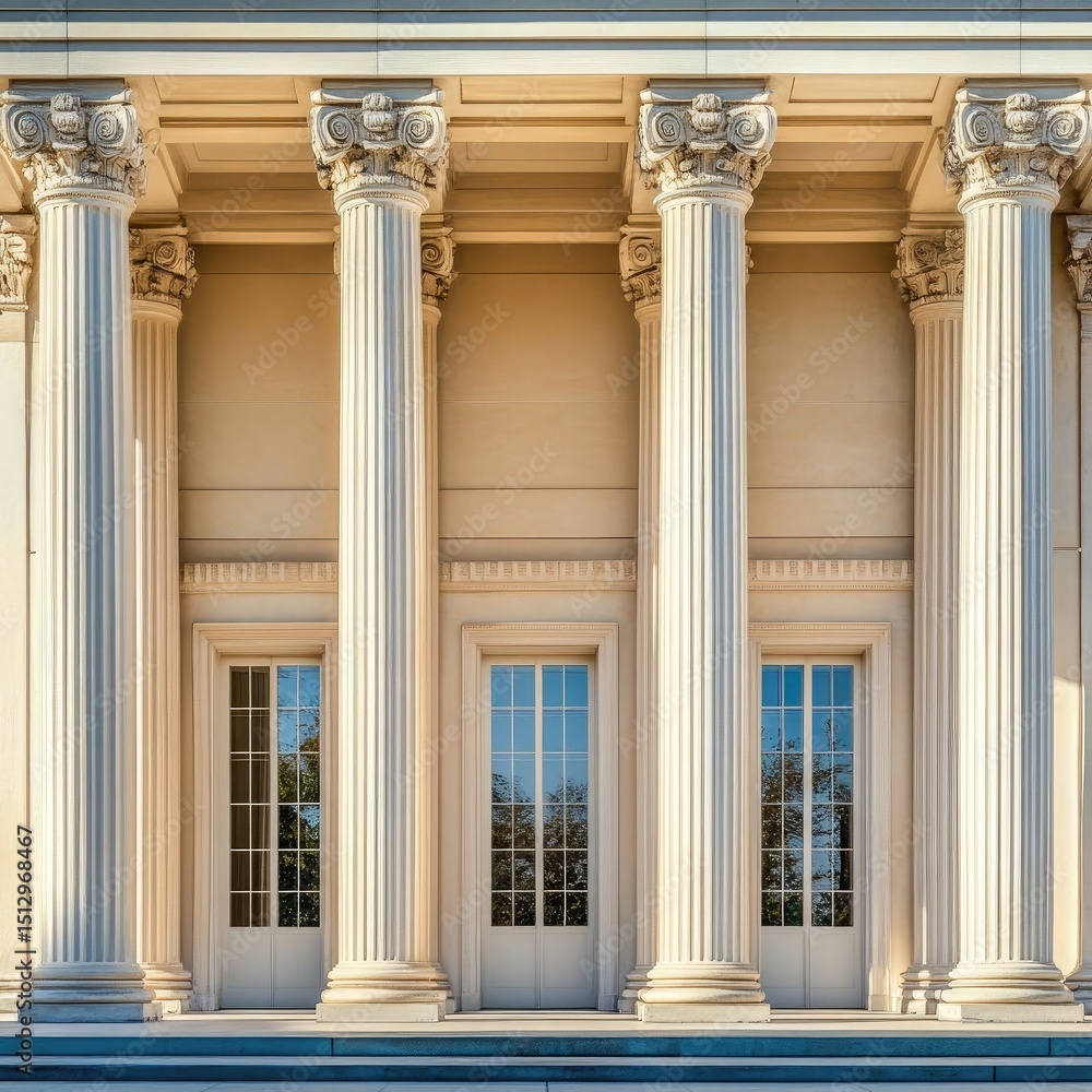 Classical columned facade architecture with Greek or Roman design, symmetrical lines, stone materials, and historic influence on civic and institutional buildings Classical columned facade architecture with Greek or Roman design, symmetrical lines, stone materials, and historic influence on civic and institutional buildings