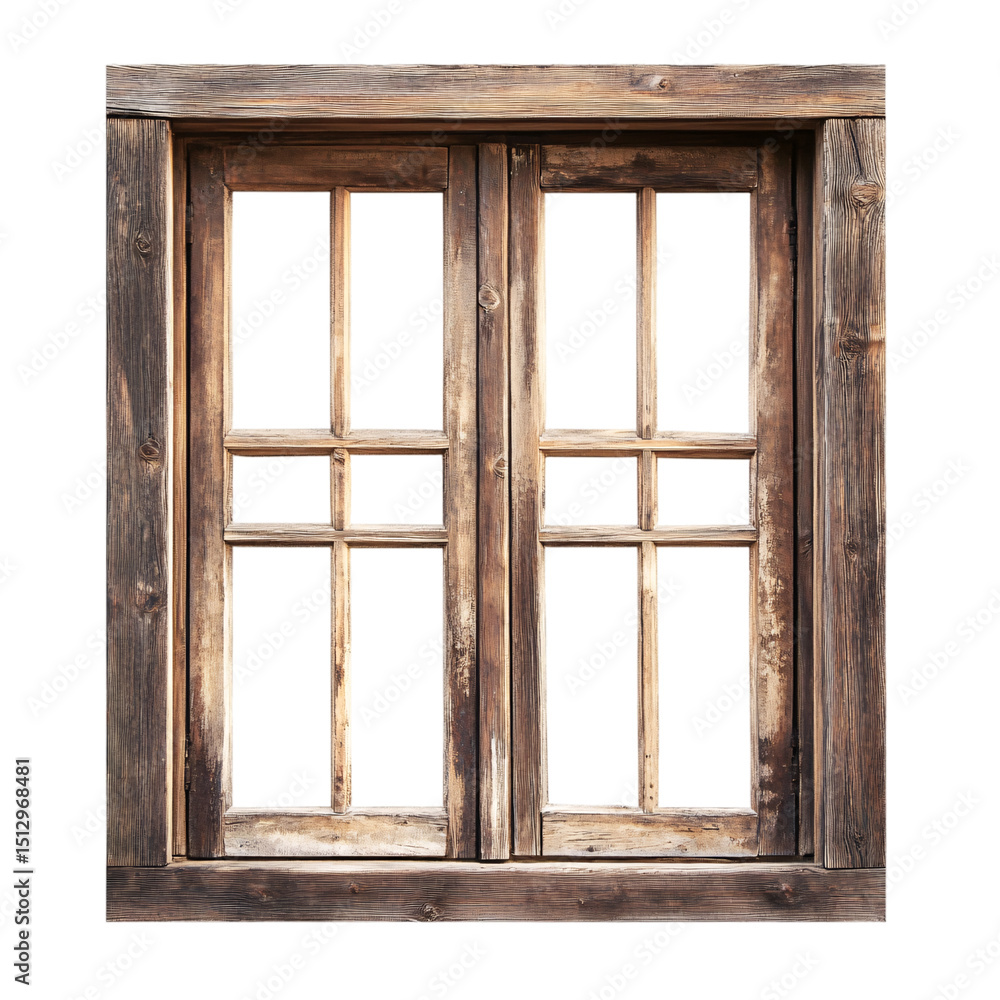 Obraz premium Old wooden window with shutters on an ancient house wall isolated on transparent background