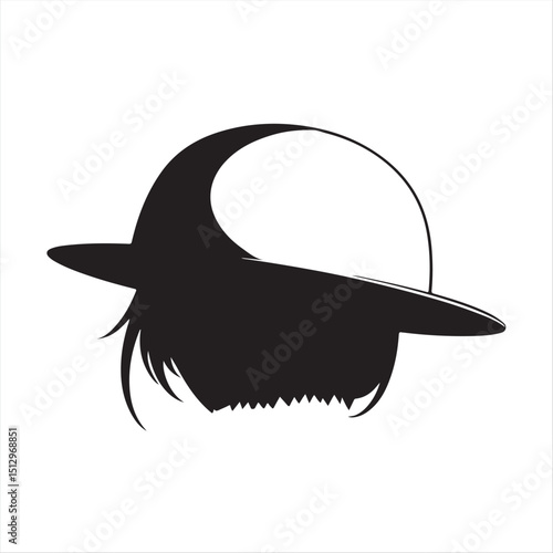 Elegant, timeless Isekai anime style vector art. A stark black and white silhouette of a hat is presented on a white background, showcasing an expressive composition through skillful use of negative